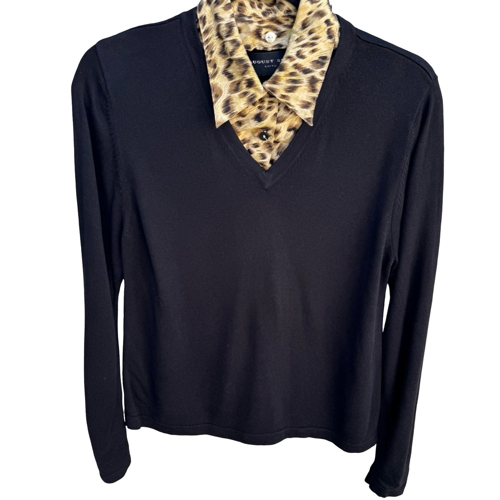 August Silk Knits Slik Blend Leopard Sweater Layering Mob Wife Black Womens L